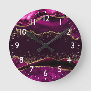 Reloj Redondo Mediano Rosa oscuro y agata con brillo de oro falso