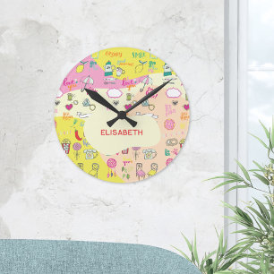 Reloj Redondo Mediano Rosa Pastel Femenino Kawaii Doodle