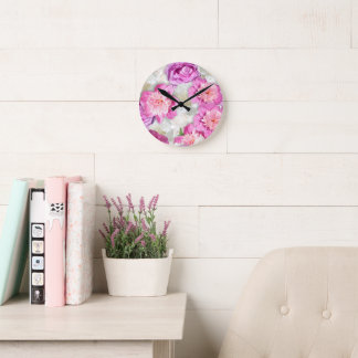 Reloj Redondo Mediano Rosa Peonía Blanca Rosa - Floral Romántica