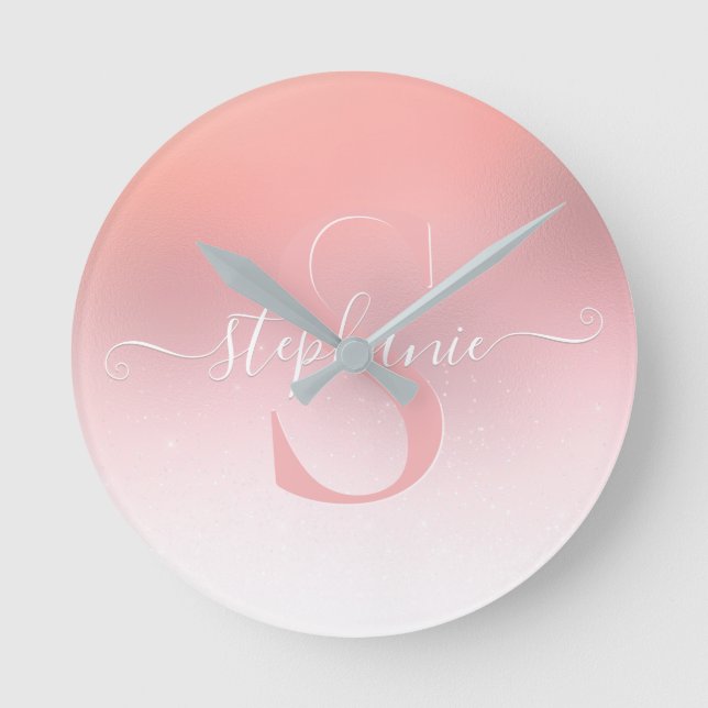 Reloj Redondo Mediano Rosa Purpurina Shimmer Rosa Sparkle Monogramed (Anverso)