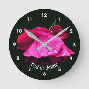 Reloj Redondo Mediano Rosa Roja Flor Gotitas de Lluvia Personalizado
