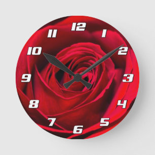 Reloj Redondo Mediano Rosa Roja romántica en pleno florecimiento con núm