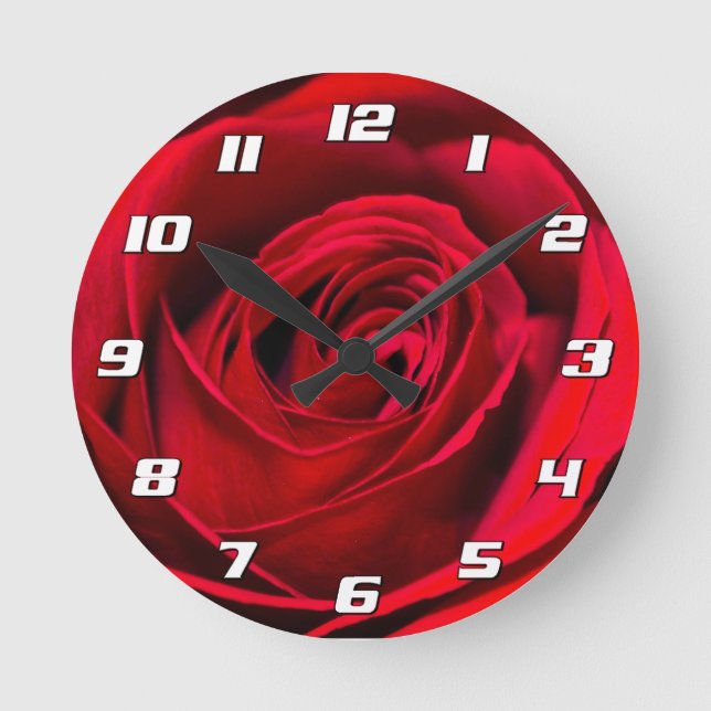 Reloj Redondo Mediano Rosa Roja romántica en pleno florecimiento con núm (Anverso)