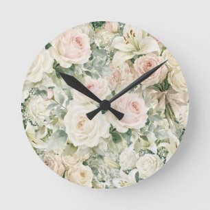 Reloj Redondo Mediano Rosa y Lirio Floral Acuarela Vintage en Rosa Claro