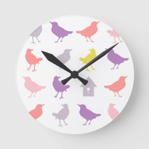 Reloj Redondo Mediano Rosa y pájaros en colores pastel púrpuras con el