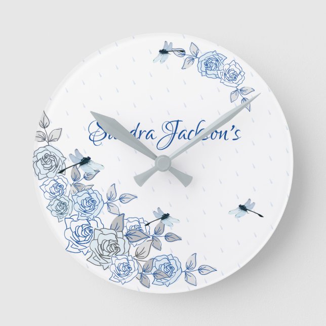 Reloj Redondo Mediano Rosas azules Dragonfly Boy Baby Shower Gift (Anverso)