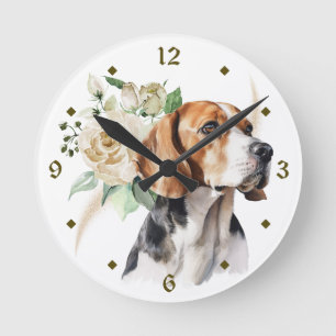 Reloj Redondo Mediano Rosas blancas Bouquet Miniatura Perro Beagle