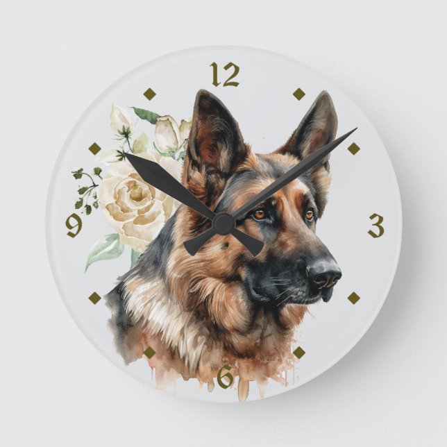 Reloj Redondo Mediano Rosas blancas Bouquet Pastor Alemán (Anverso)