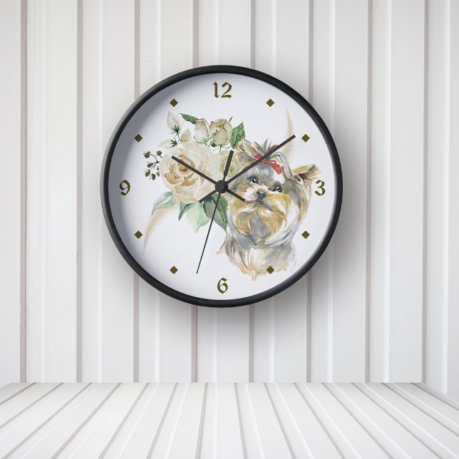 Reloj Redondo Mediano Rosas blancas Bouquet Yorkshire Terrier Dog (Subido por el creador)