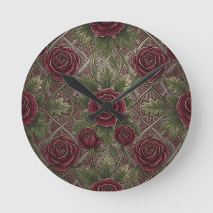Reloj Redondo Mediano Rosas Borgoña Rojas Profundas Celosía Ornata Verde