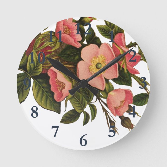 Reloj Redondo Mediano Rosas de época bello botánico rosado (Anverso)