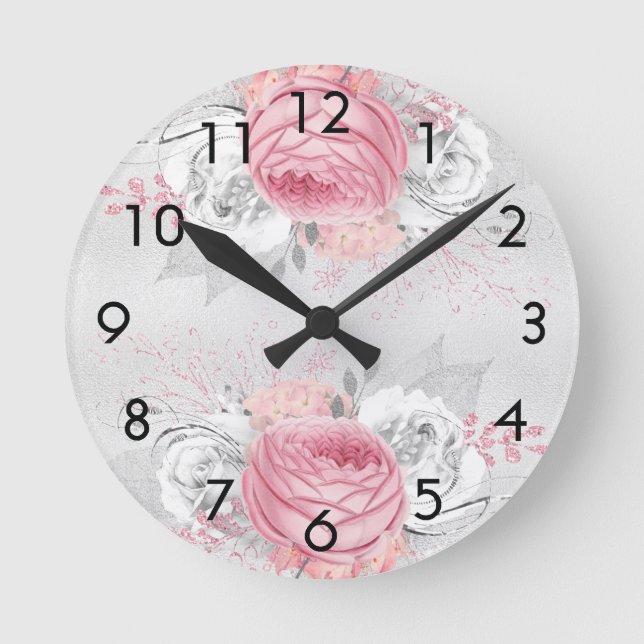 Reloj Redondo Mediano Rosas de flores rosadas plateadas elegantes (Anverso)