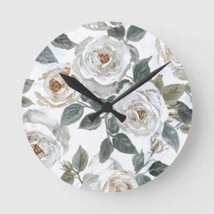 Reloj Redondo Mediano Rosas de jardín Floral vintage acuarela blanca