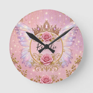 Reloj Redondo Mediano Rosas Mariposa Hada Princesa Floral Rosa y Dorado