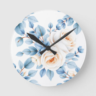 Reloj Redondo Mediano Rosas Melocotón Polvo Azul Eucalipto Patrón