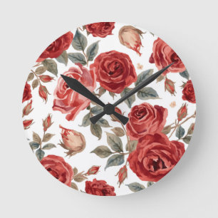 Reloj Redondo Mediano Rosas Rojas Acuarela Floral Botánico Pintado