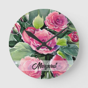 Reloj Redondo Mediano Rosas Rojas Acuarela Personalizadas