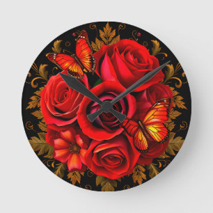 Reloj Redondo Mediano Rosas Rojas Elegantes con Mariposas