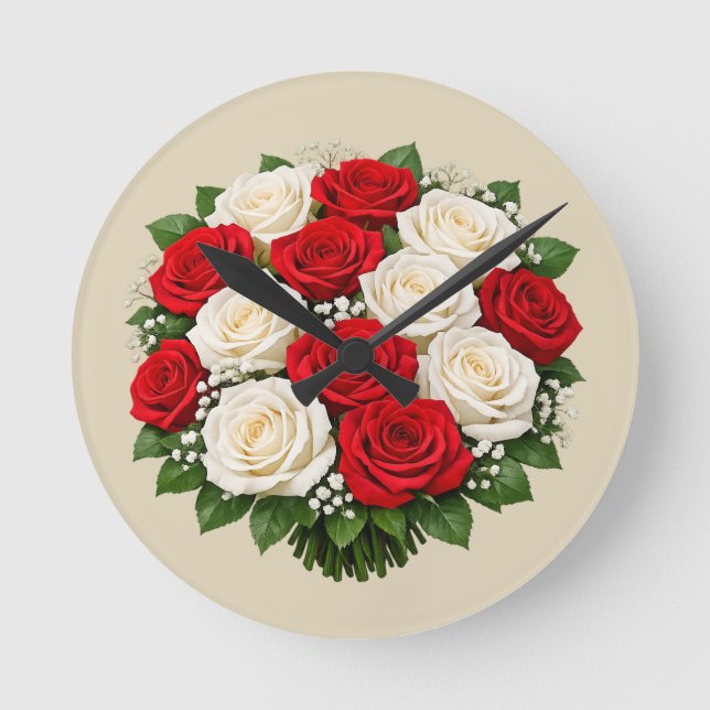 Reloj Redondo Mediano Rosas rojas y blancas (Anverso)