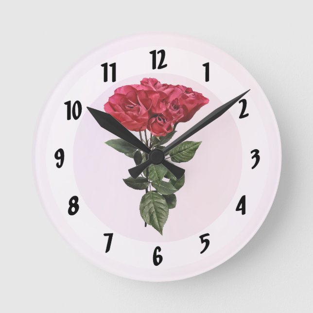Reloj Redondo Mediano Rosas rojas y hojas (Anverso)