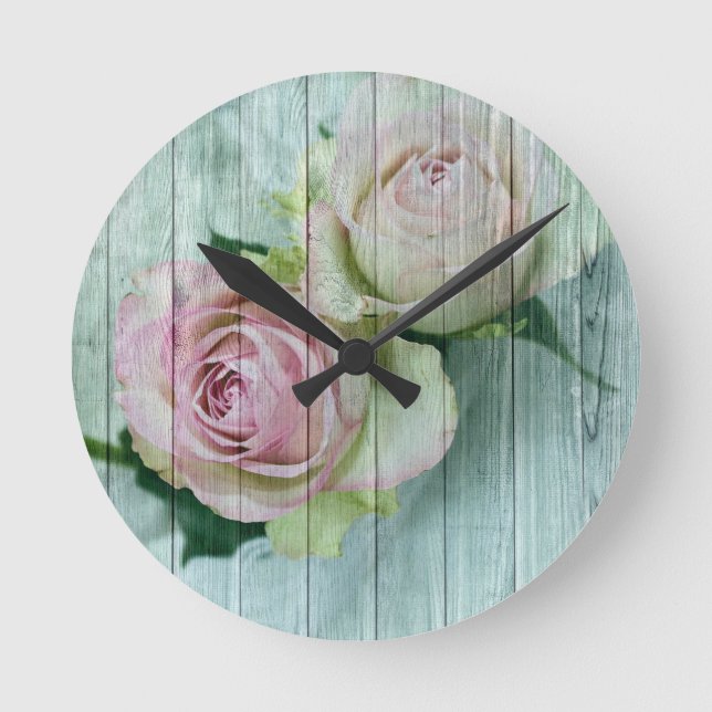 Reloj Redondo Mediano Rosas Rosa Chic De Shabby En Madera Azul (Anverso)