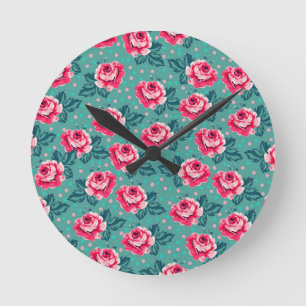 Reloj Redondo Mediano Rosas rosadas bonitas y patrón de lunares en azul