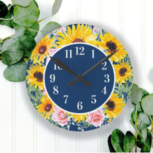 Reloj Redondo Mediano Rosas rosadas Girasoles Azules Marinos Monogramada
