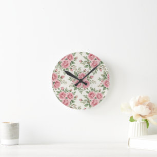 Reloj Redondo Mediano Rosas Vintage en Acuarela Rosa Floral Sin Costuras