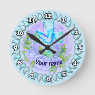 Reloj Redondo Mediano Rosas Violetas Cruz Cristiana   