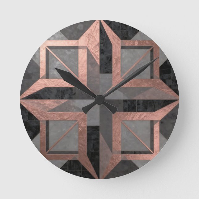 Reloj Redondo Mediano Rose Gold Black Geometric Marble (Anverso)
