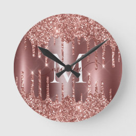 Reloj Redondo Mediano Rose Gold Glitter Drips Monogram Personalized Wall