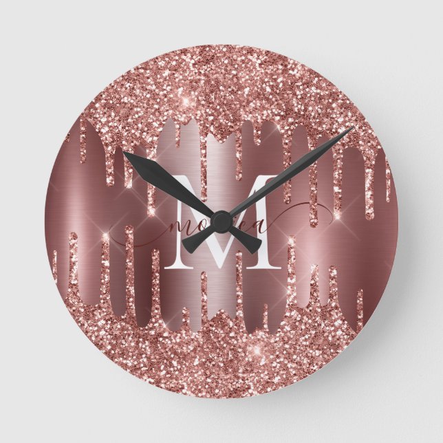 Reloj Redondo Mediano Rose Gold Glitter Drips Monogram Personalized Wall (Anverso)