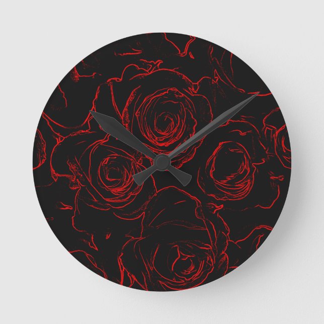 Reloj Redondo Mediano Roses rojos fondo negro (Anverso)