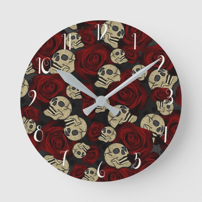 Reloj Redondo Mediano Roses y cráneos rojos Gris Floral Negra Gótica (Anverso)