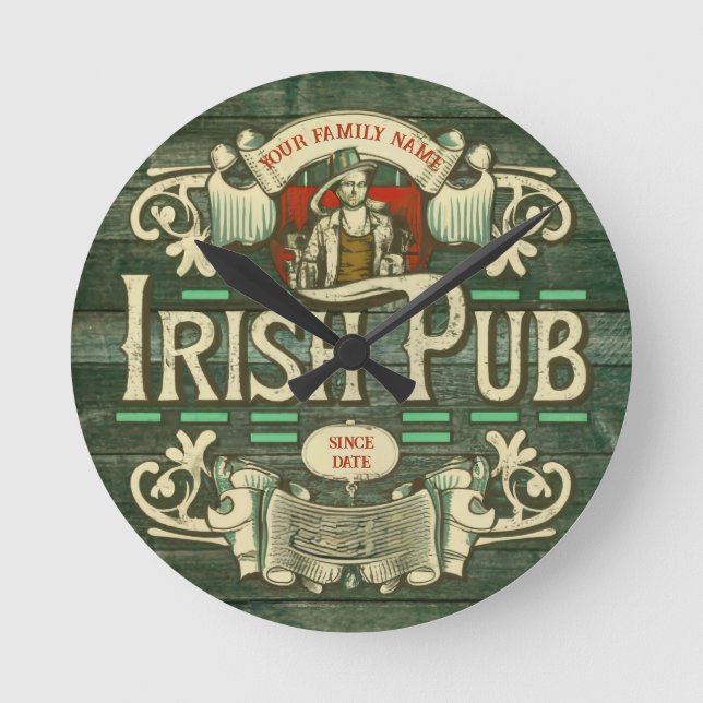 Reloj Redondo Mediano Rótulo personalizado St Patricks day Irish Pub Box (Anverso)
