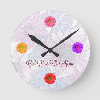 Reloj Redondo Mediano Round Floral Clock with "God Bless This Home" Text