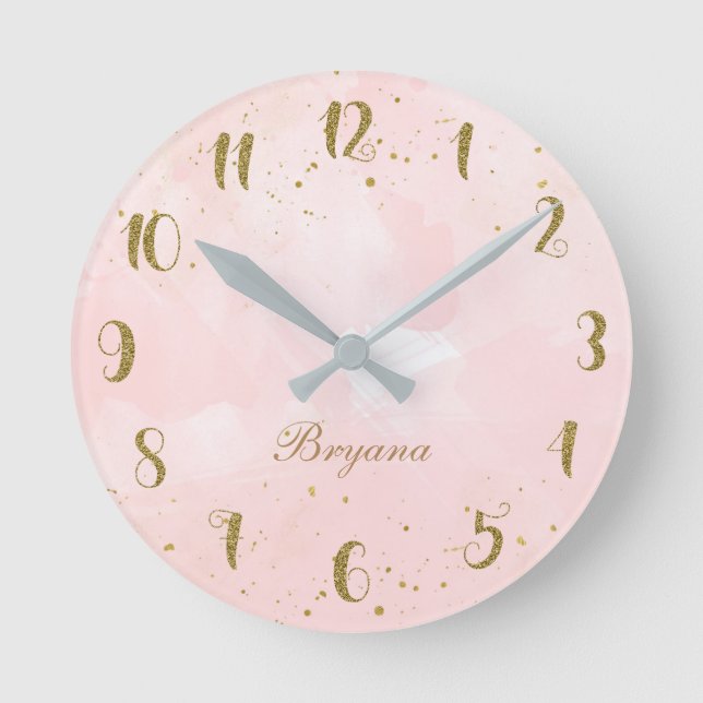 Reloj Redondo Mediano Rubor Pink & Gold Splatter Personalizado (Anverso)