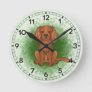 Reloj Redondo Mediano Ruby Cavalier Rey Charles Spaniel Perro En Verde