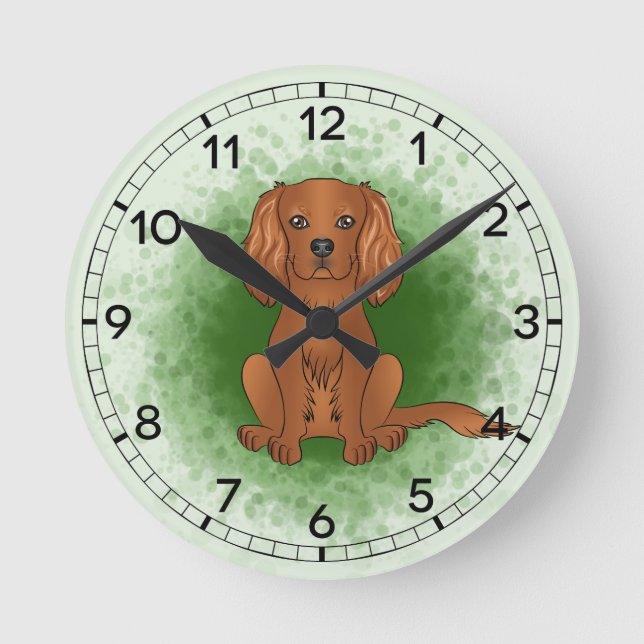 Reloj Redondo Mediano Ruby Cavalier Rey Charles Spaniel Perro En Verde (Anverso)