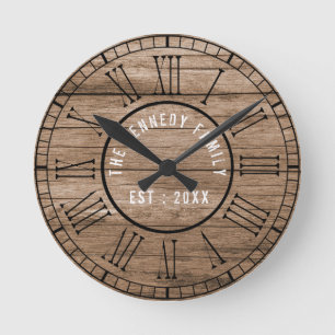 Reloj Redondo Mediano Rustic Barn Wood Farmhouse Black Roman Numerals