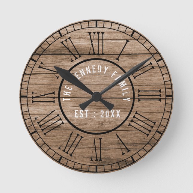 Reloj Redondo Mediano Rustic Barn Wood Farmhouse Black Roman Numerals (Anverso)
