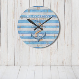 Reloj Redondo Mediano Rustic Beach House Nautical Stripes Personalizado