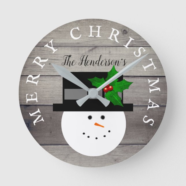 Reloj Redondo Mediano Rustic Christmas Farmhouse Faux Wood Snowman (Anverso)