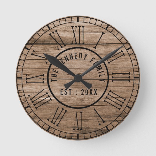 Reloj Redondo Mediano Rústica granja de madera de granero negro números  (Anverso)
