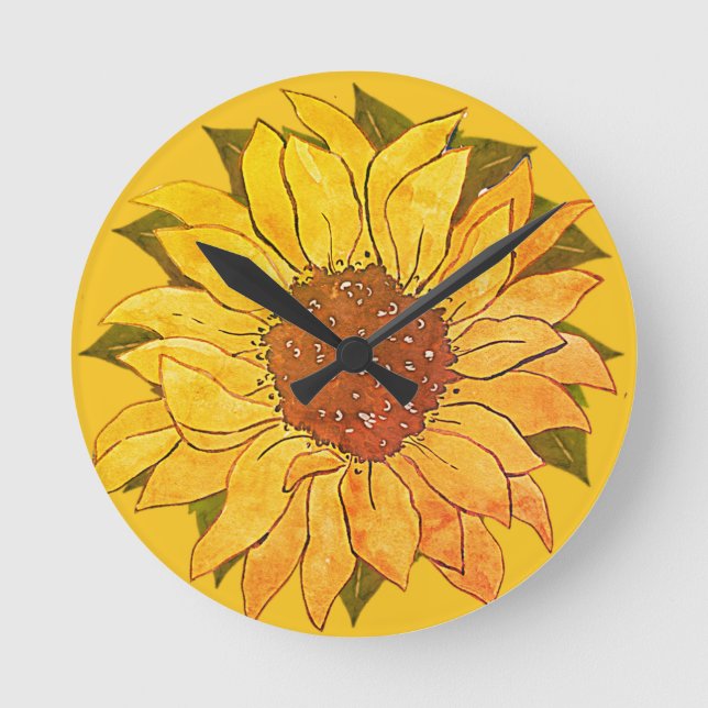 Reloj Redondo Mediano Rústico Amarillo amarillo girasol acuarela floral  (Anverso)
