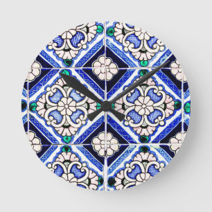 Reloj Redondo Mediano Rústico Azulejo Patrón Español Azulejo Navío Blanc