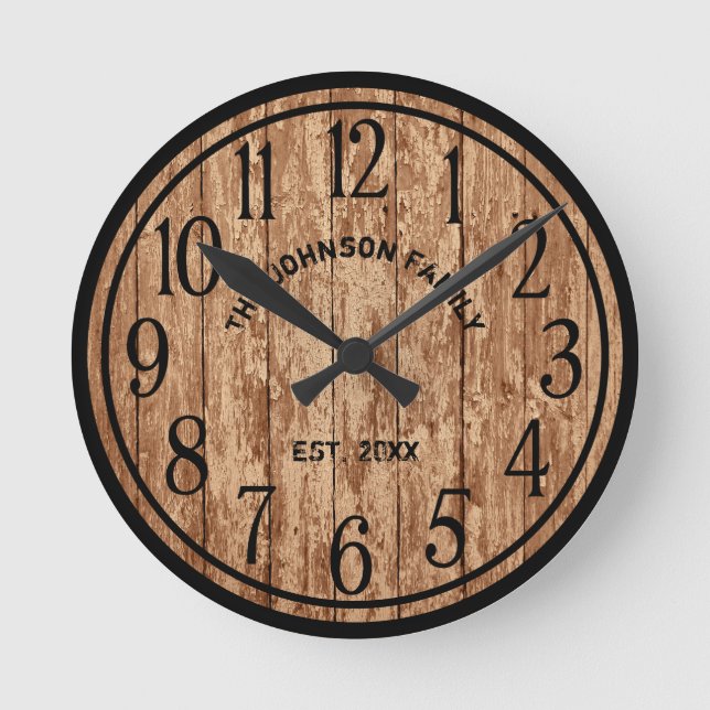 Reloj Redondo Mediano Rústico Farmhouse Dark Wood Family Name (Anverso)