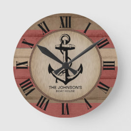 Reloj Redondo Mediano Rústico Rojo y Marrón en franjas náuticas y Anchor