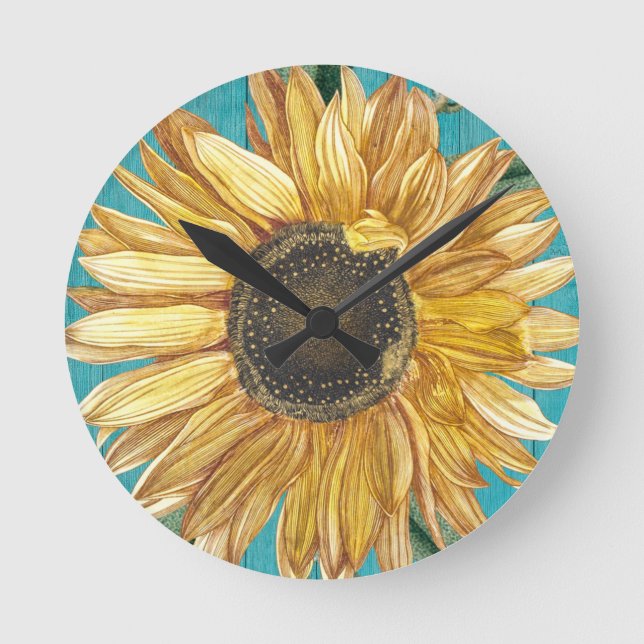 Reloj Redondo Mediano Rústico Sunflower Verde azulado Blue Barn Wood Cou (Anverso)