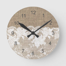 Reloj Redondo Mediano Rústico vintage burlap beige y encaje blanco